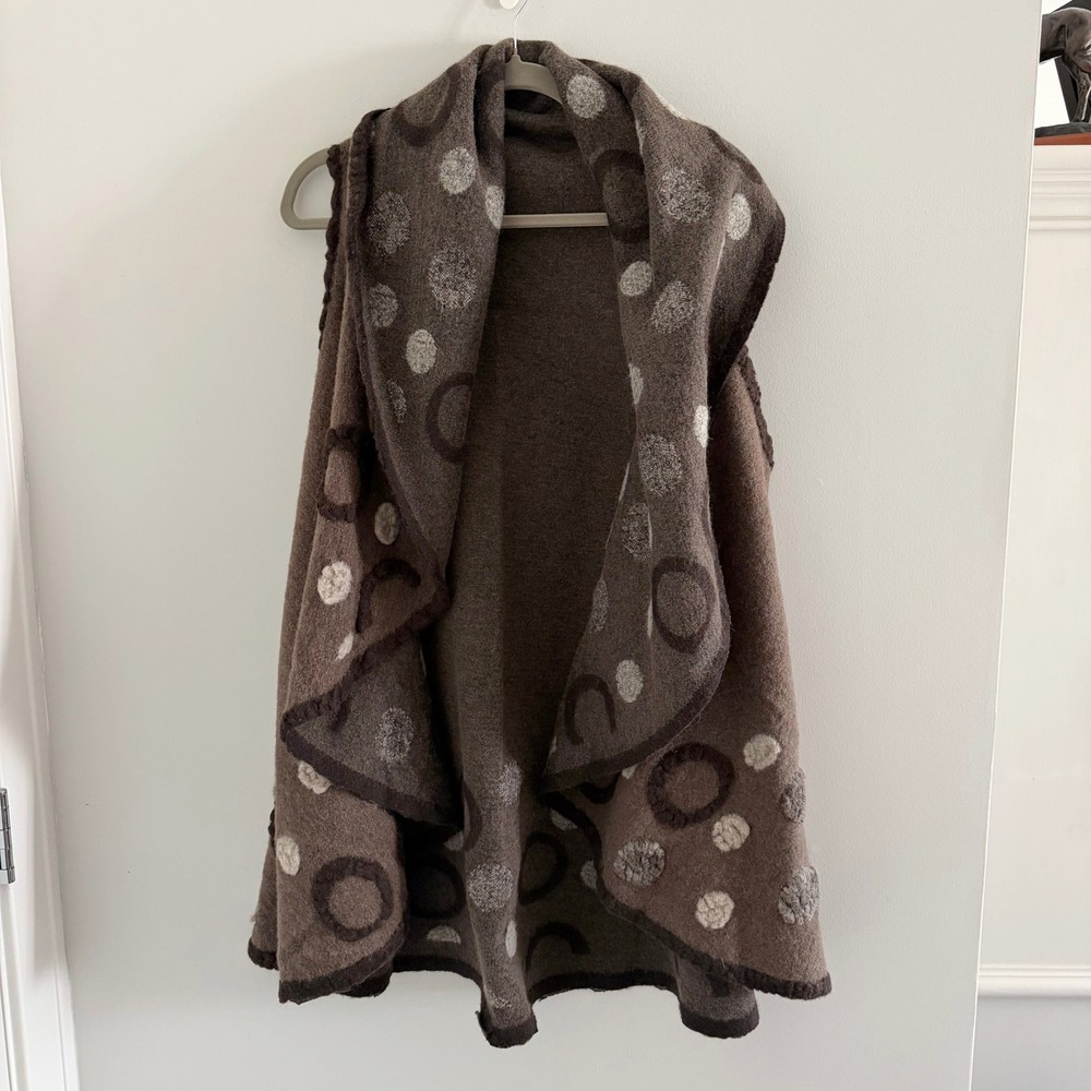 Handmade Wool Poncho Vest Brown Felted Polka Dot Open Front One Size Wrap Art